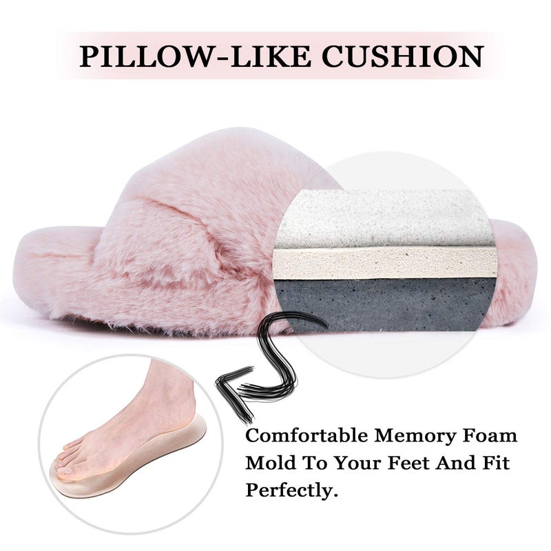 DL Fluffy Womens House Slippers - Cross Band Open Toe, Soft Plush Fleece Bedroom Slippers With Memory Foam, Comfy Fuzzy Slip On Non-Slip Indoor Pink Gray Black White - Image 4